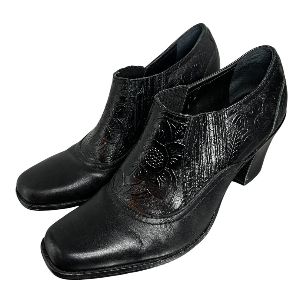 Antonio Melani Black Leather Floral Embossed Square Toe Block Heel Shooties 9.5M